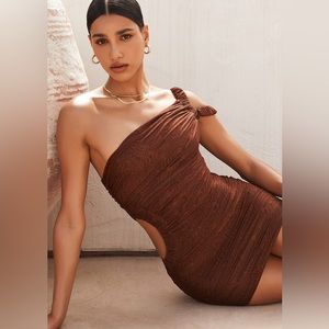 Cocoa Mesh Asymmetric Cutout Mini Dress